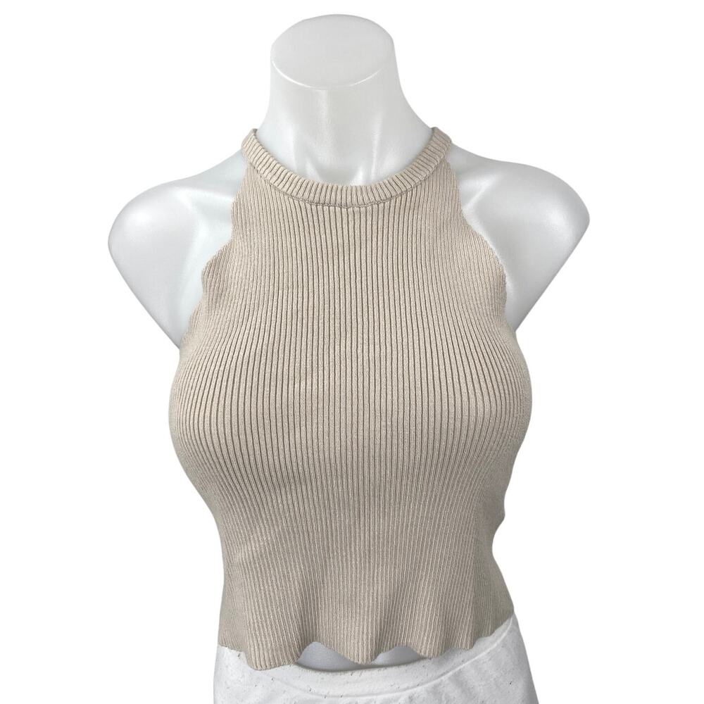 Kourt Women's Beige Sleeveless Ribbed Knit High Neck Cropped Tank Top Size S